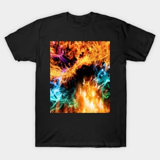 Fire Flames, Rainbow Smoke On Black T-Shirt